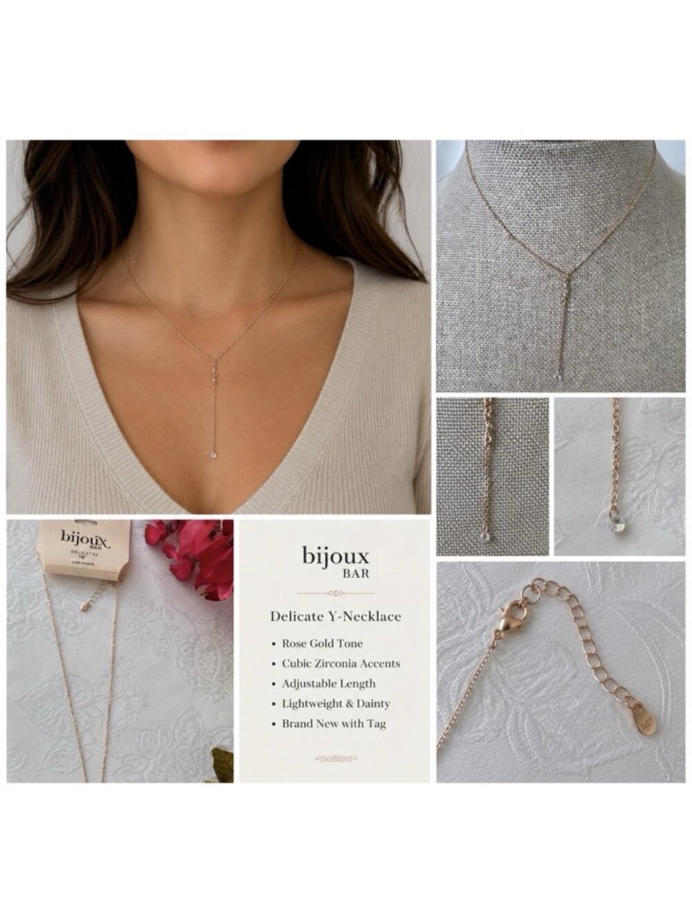 Bijoux Delicates Short Dainty Goldtone Choker Charm Drop CZ  16" Necklace NEW